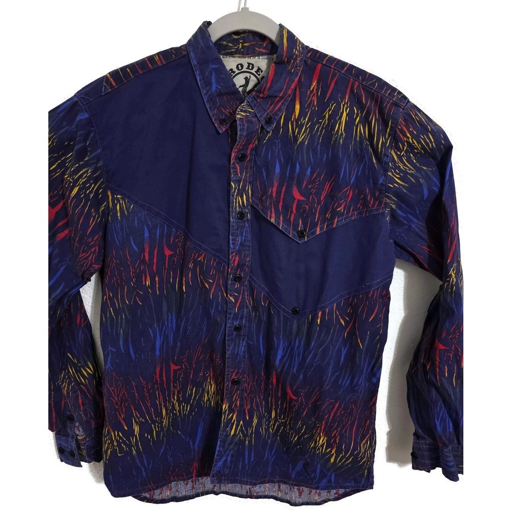 Rodeo Active Shirt Mens Small Multicolor Graphic Long Sleeve Snap Front Western